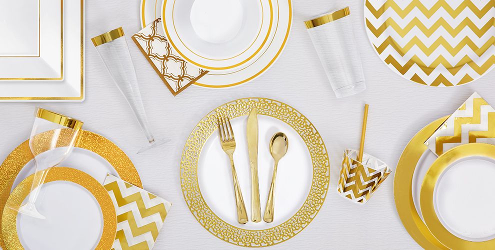 White Gold Premium Tableware Gold Trim Premium Plastic Plates Party