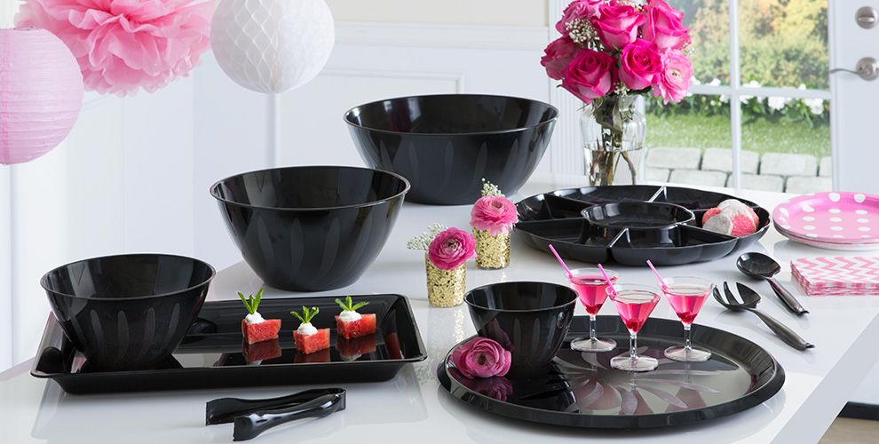 Black Serving Trays, Bowls & Utensils Black Plastic Platters, Tongs