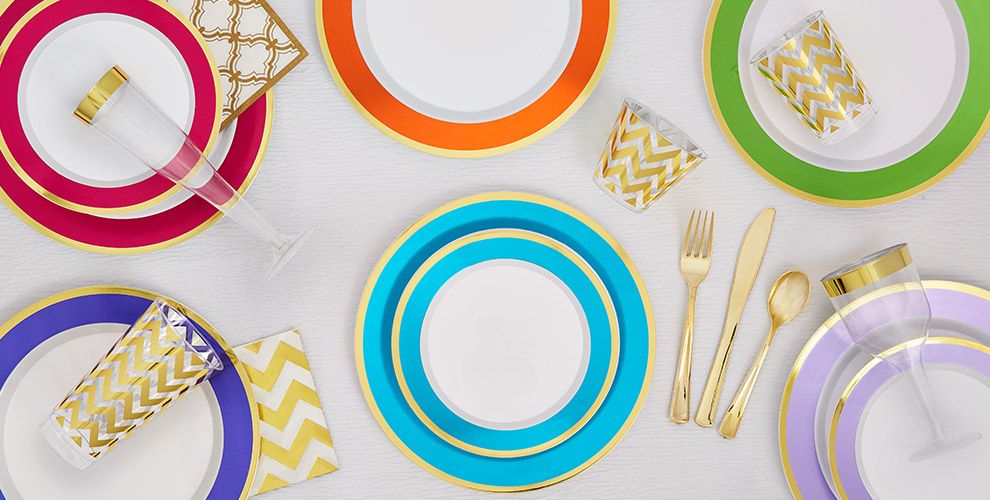 Colorful Border Premium Tableware Gold Trim Premium Plastic Plates