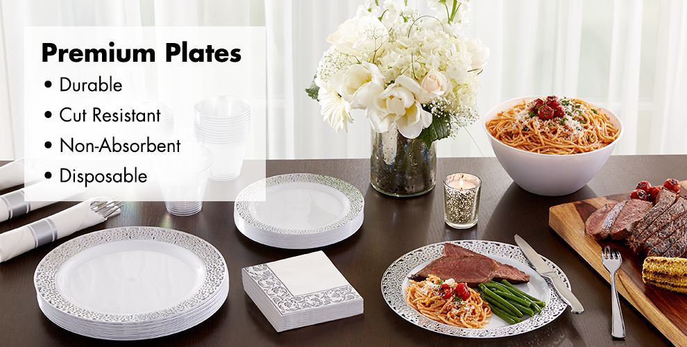 White Silver Premium Tableware - Silver Trim Premium Plastic Plates ...
