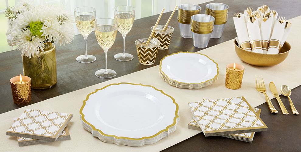 White Gold Premium Tableware - Gold Trim Premium Plastic ...