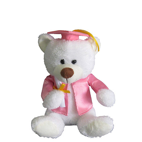 Pink Graduation Bear with Cap and Gown Scroll and Diploma on Hand 7 Inch Size